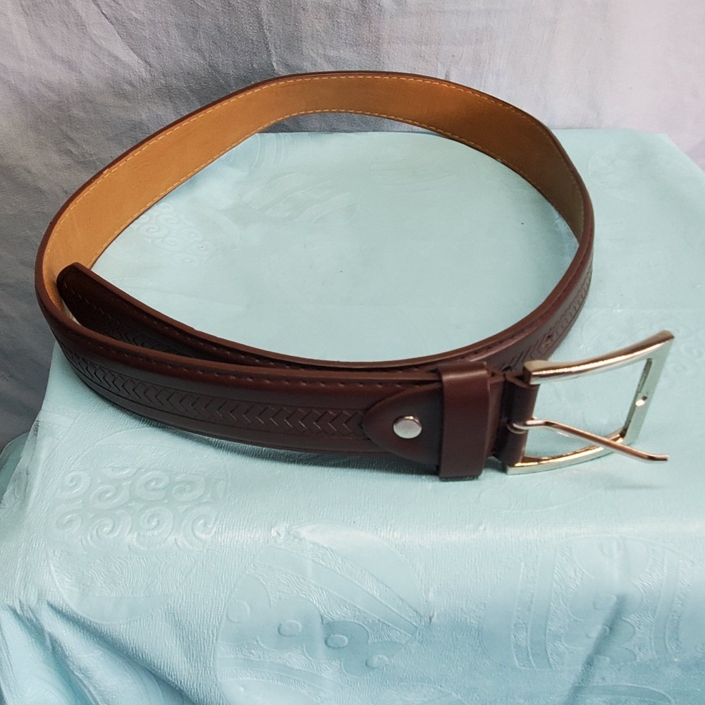 Mens Brown Real Leather Embossed Chevron Dress Belt Silver Buckle Size 30-32 S